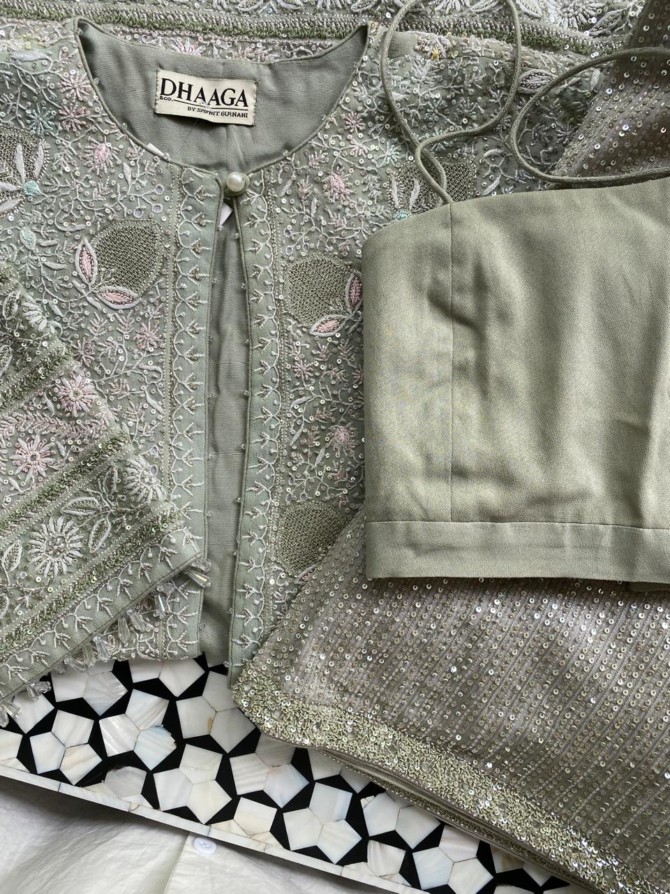 Ice Green Georgette do-taar Chikankari Gillet Jacket Set