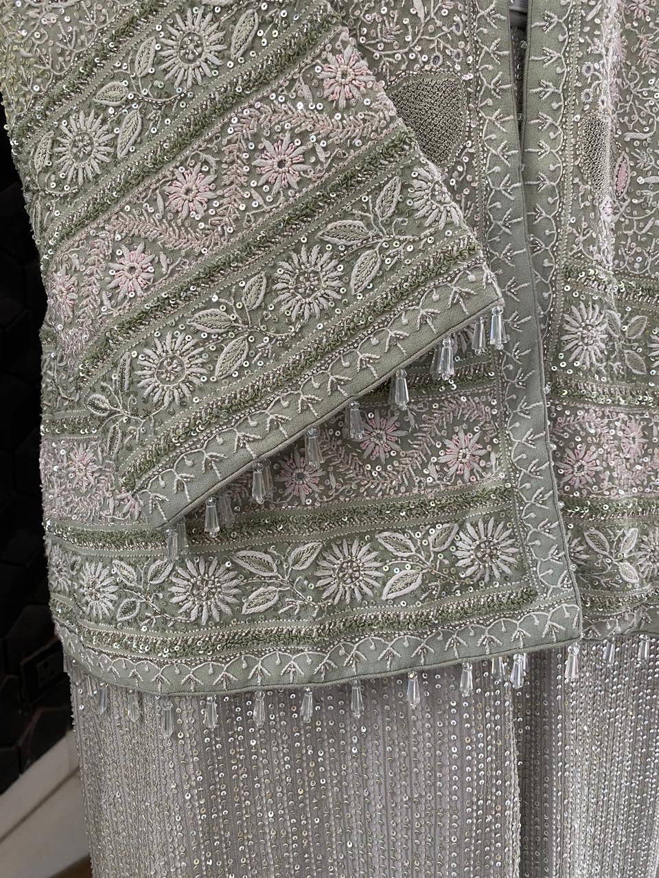 Ice Green Georgette do-taar Chikankari Gillet Jacket Set
