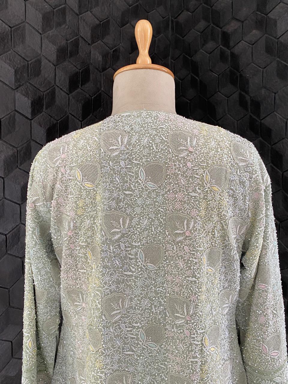 Ice Green Georgette do-taar Chikankari Gillet Jacket Set