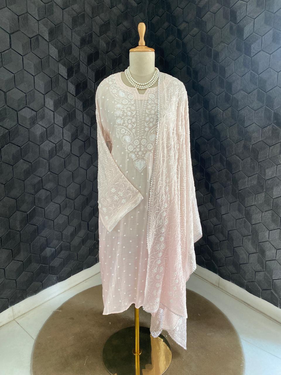 Peach Mul Chanderi Chikankari Kurta Set