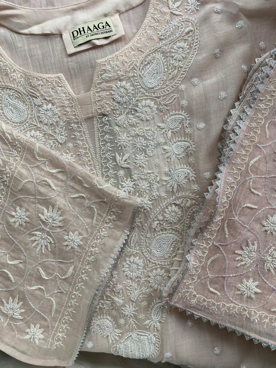 Peach Mul Chanderi Chikankari Kurta Set