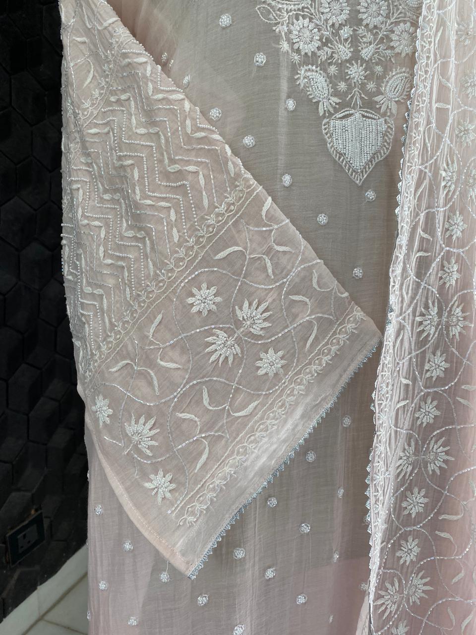 Peach Mul Chanderi Chikankari Kurta Set