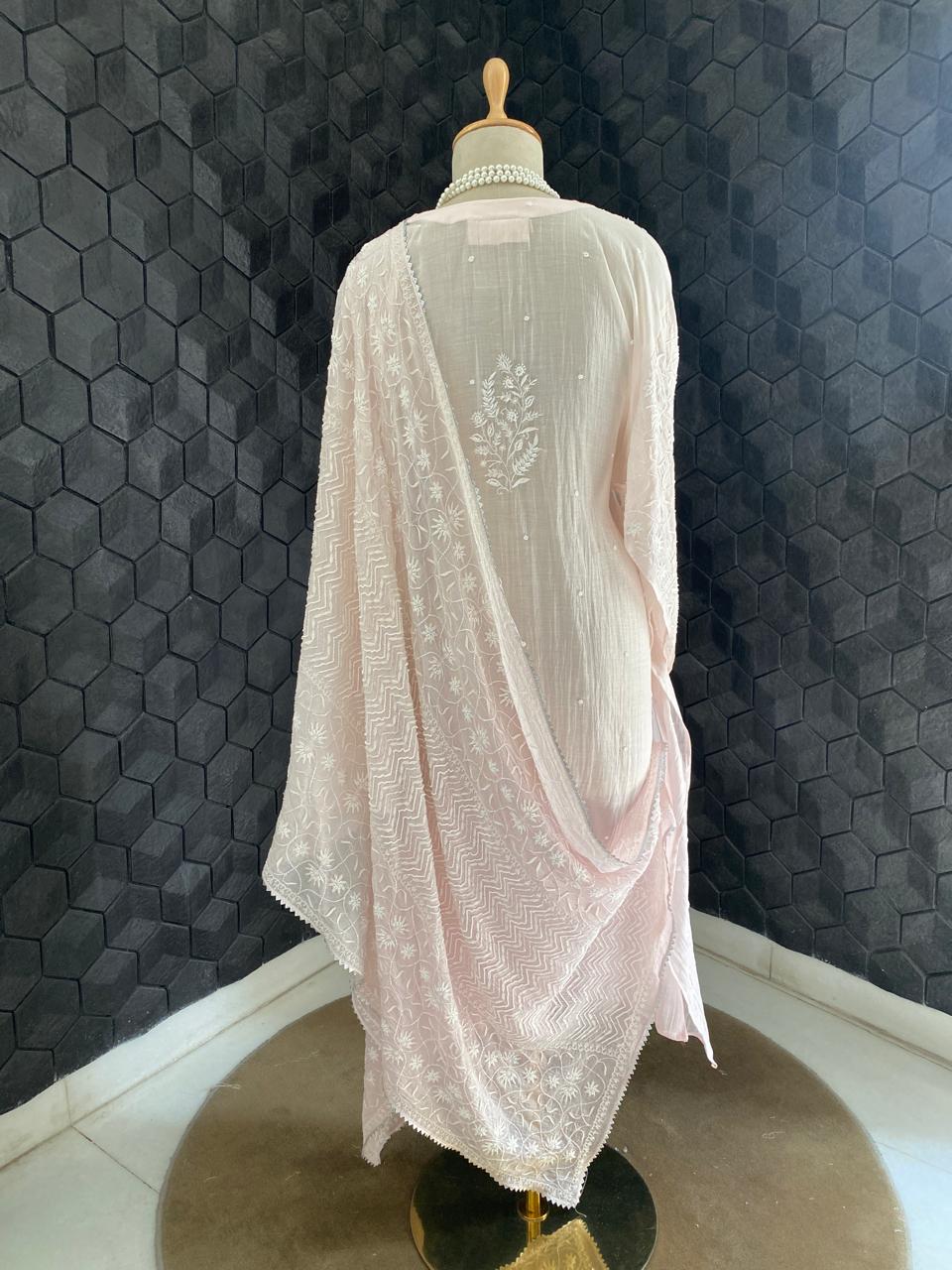 Peach Mul Chanderi Chikankari Kurta Set
