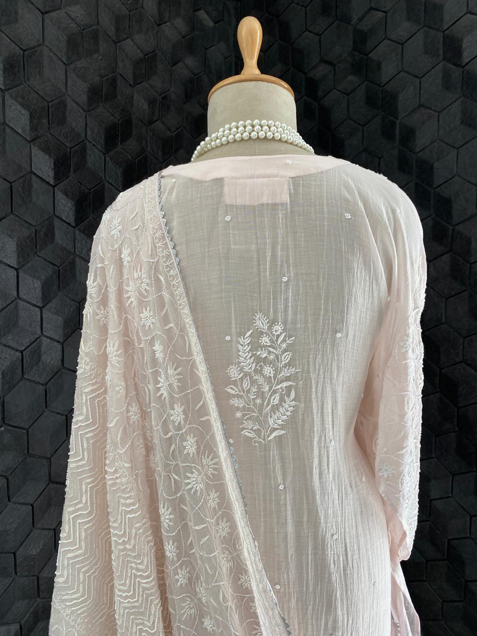 Peach Mul Chanderi Chikankari Kurta Set
