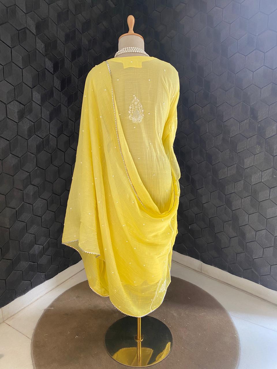 Yellow Mul Chanderi Chikankari Kurta Set