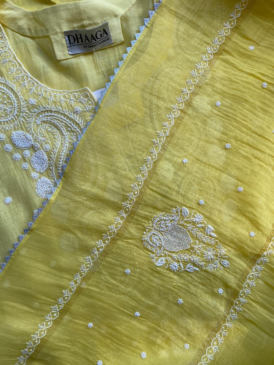 Yellow Mul Chanderi Chikankari Kurta Set