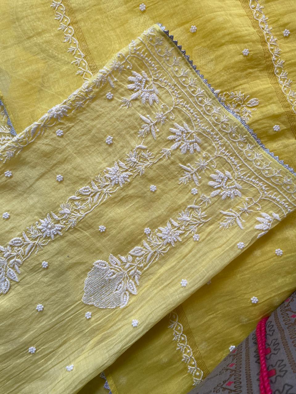 Yellow Mul Chanderi Chikankari Kurta Set