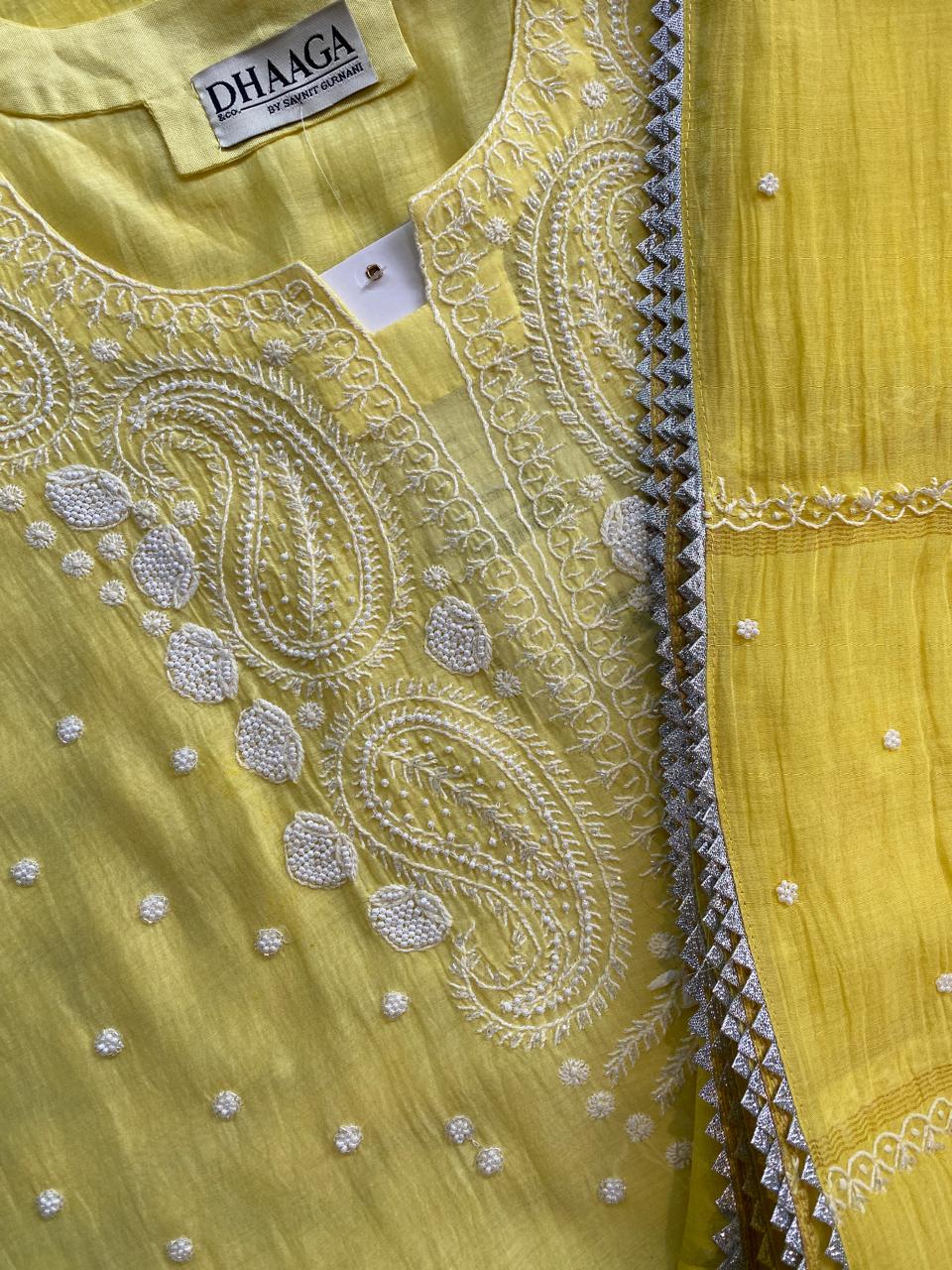 Yellow Mul Chanderi Chikankari Kurta Set