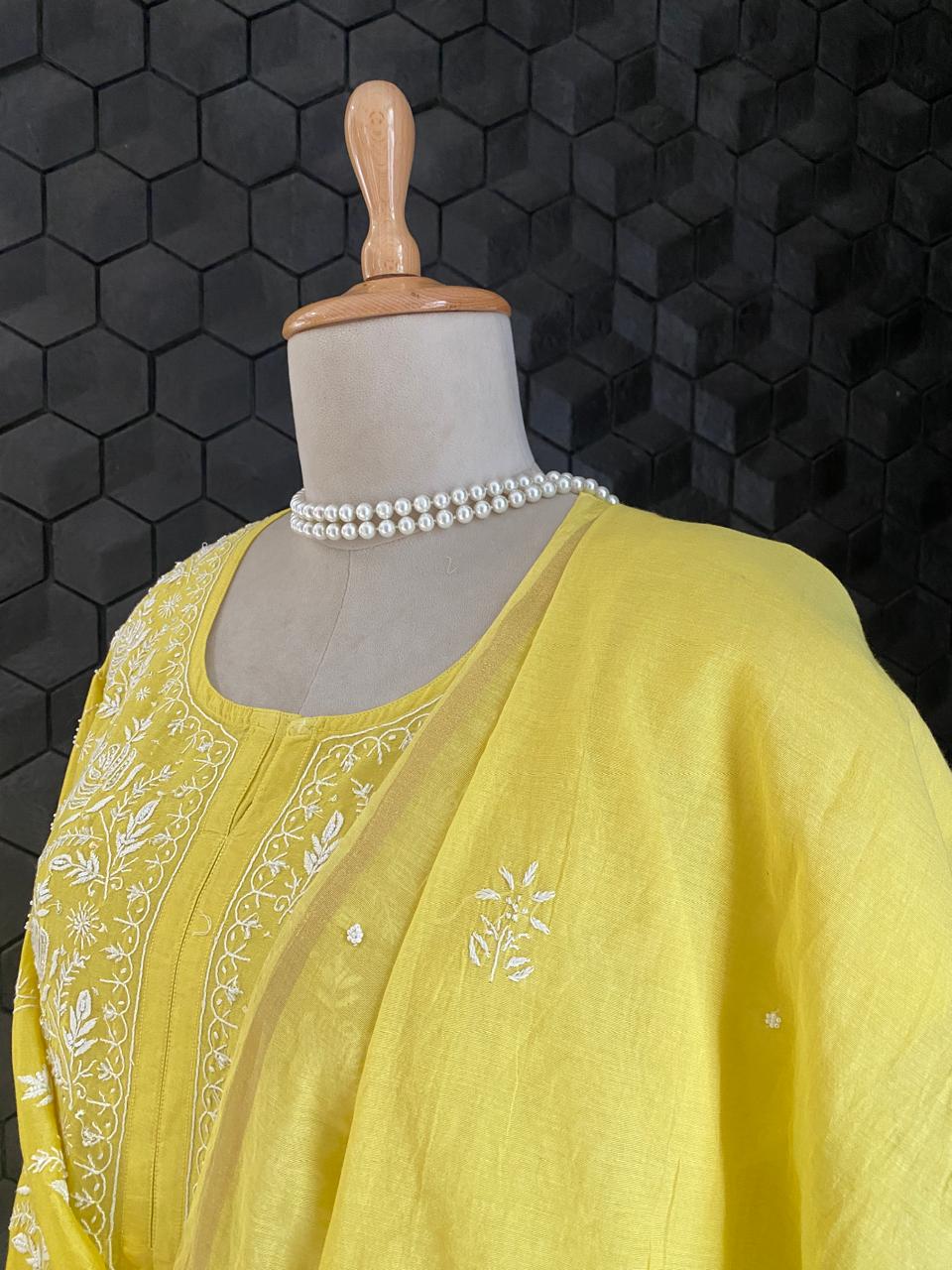 Yellow Mul Chanderi Chikankari Kurta Set