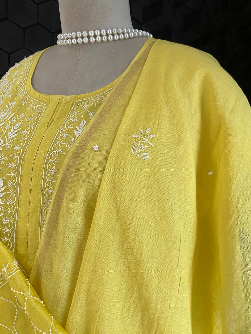 Yellow Mul Chanderi Chikankari Kurta Set