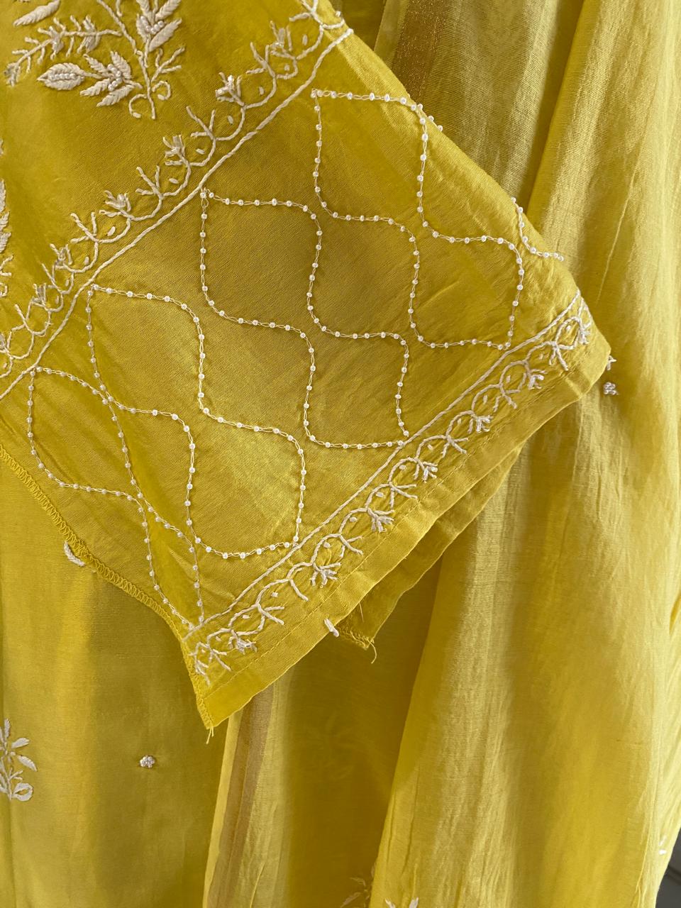 Yellow Mul Chanderi Chikankari Kurta Set