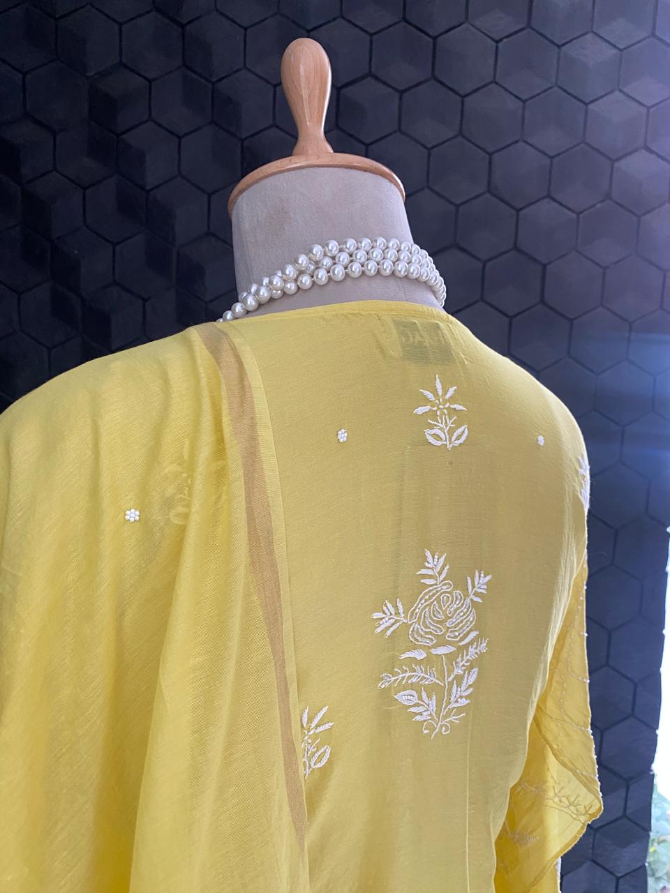 Yellow Mul Chanderi Chikankari Kurta Set