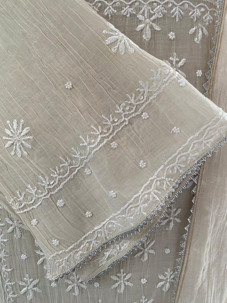 Beige Mul Chanderi Chikankari Kurta Set