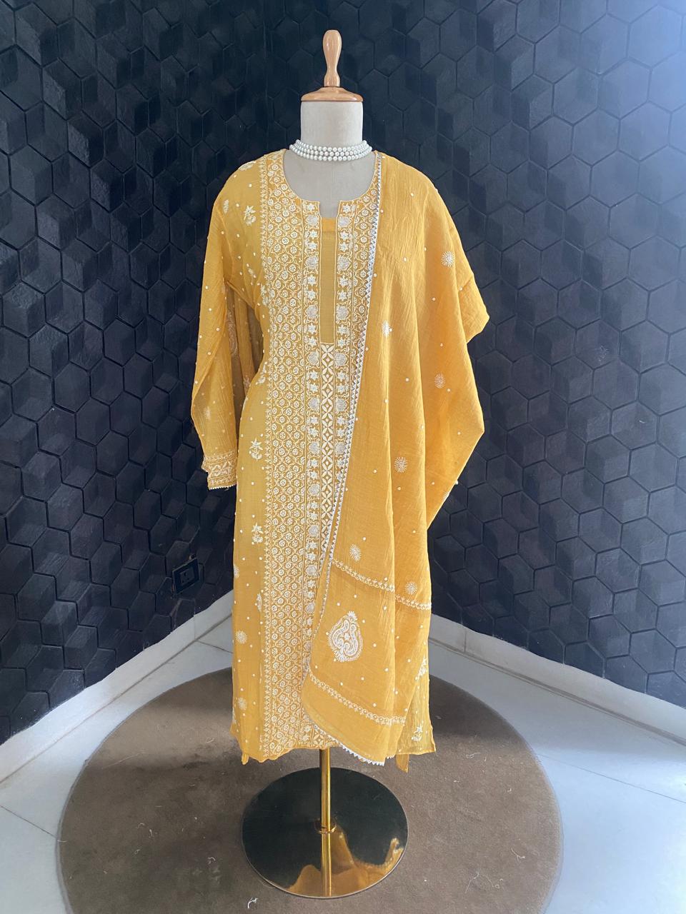 Mustard Yellow Golden Tissue Chikankari Kurta Set