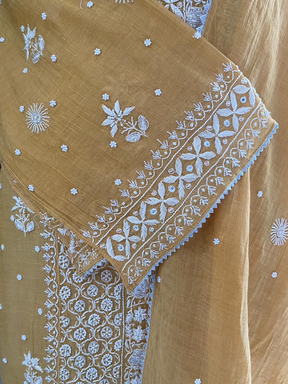 Mustard Yellow Golden Tissue Chikankari Kurta Set