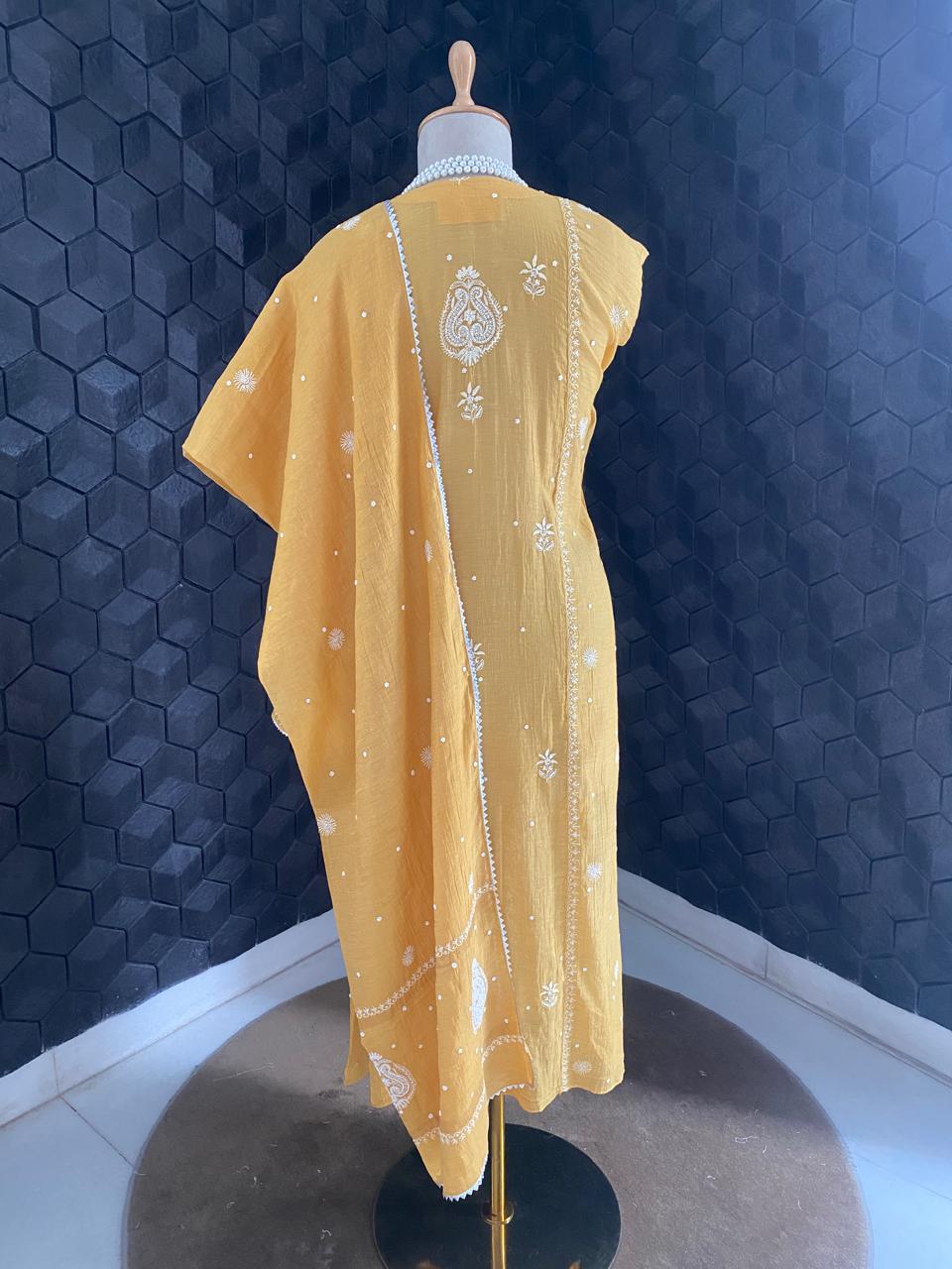 Mustard Yellow Golden Tissue Chikankari Kurta Set
