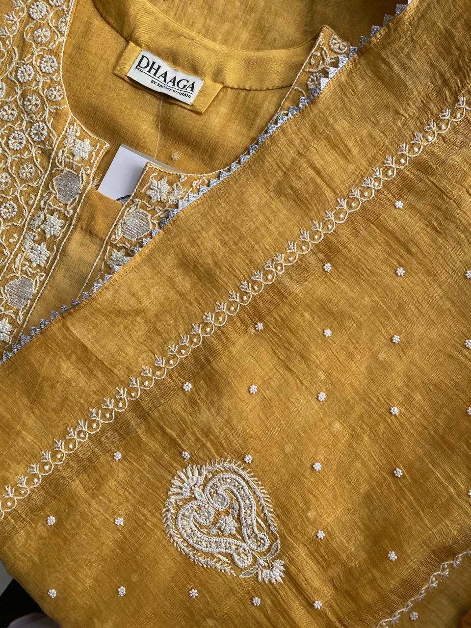 Mustard Yellow Golden Tissue Chikankari Kurta Set