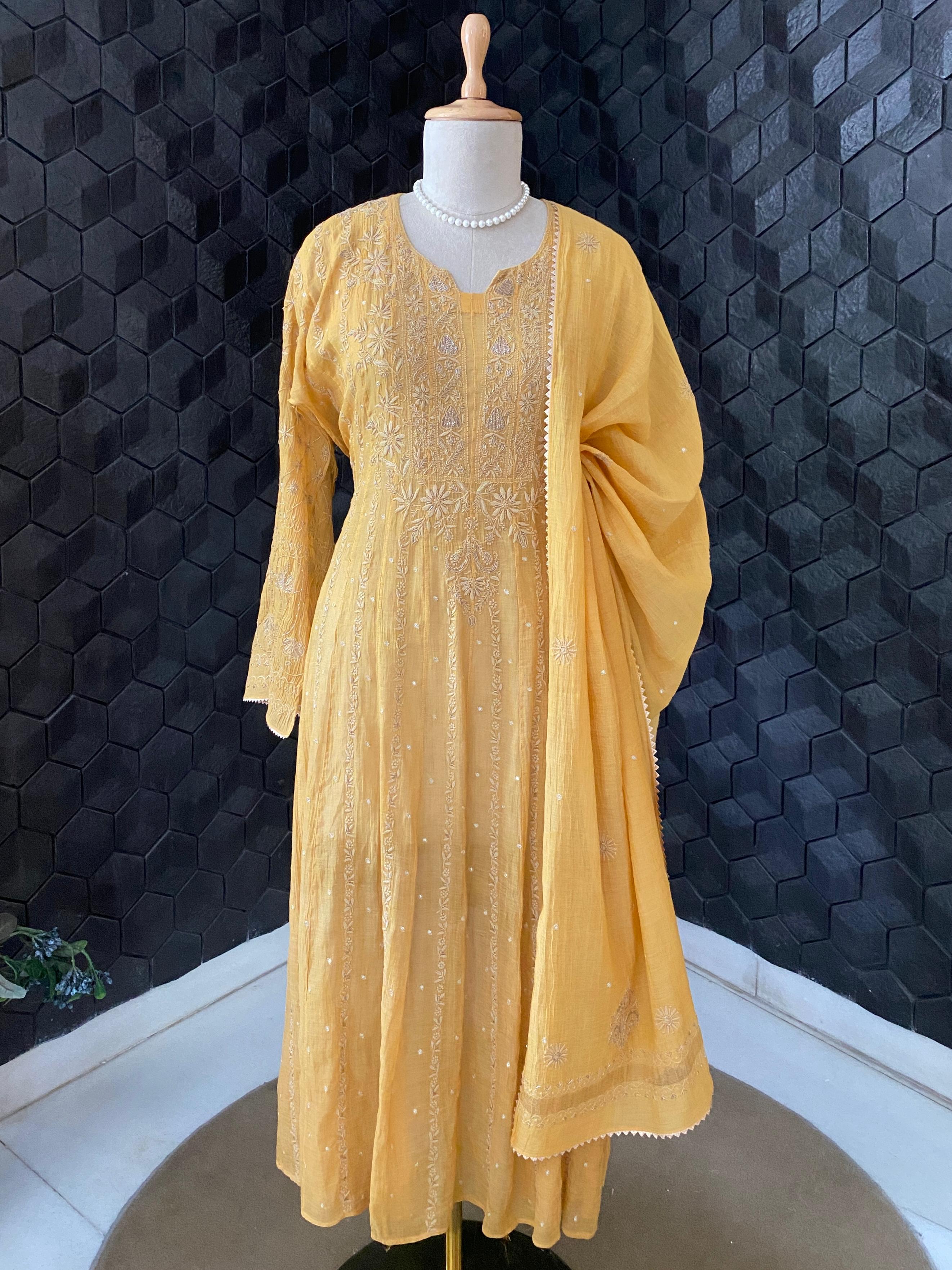 Mustard Yellow Golden Tissue Anarkali Suit