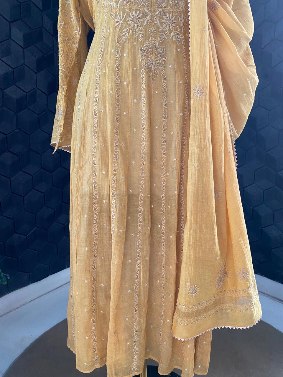 Mustard Yellow Golden Tissue Anarkali Suit