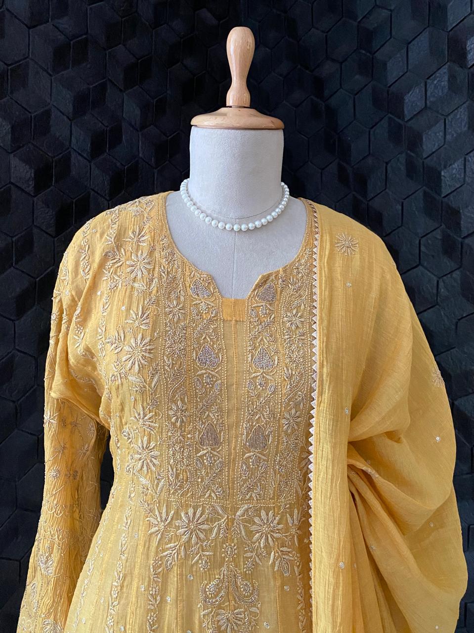 Mustard Yellow Golden Tissue Anarkali Suit