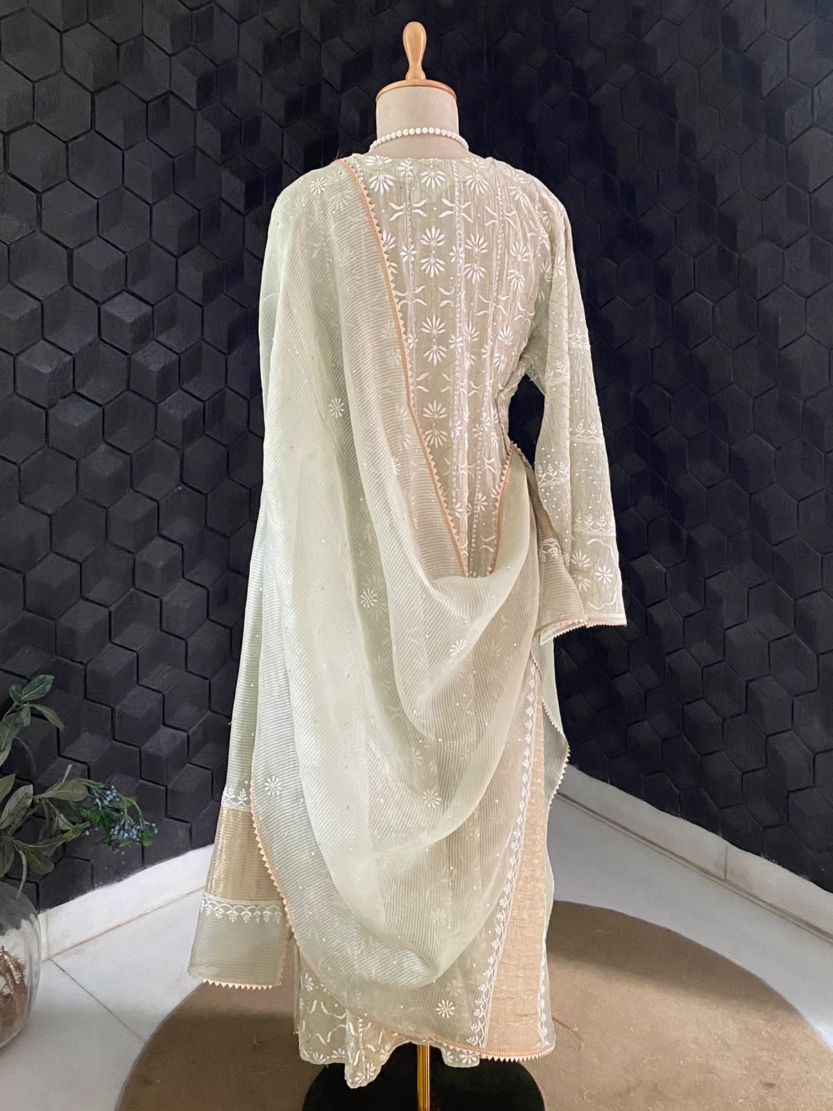 Pista Green Anarkali Suit in Mul Chanderi