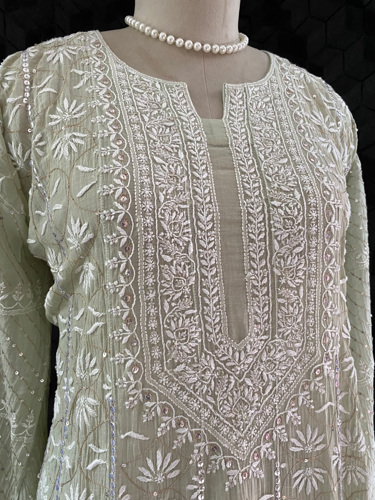 Pista Green Anarkali Suit in Mul Chanderi