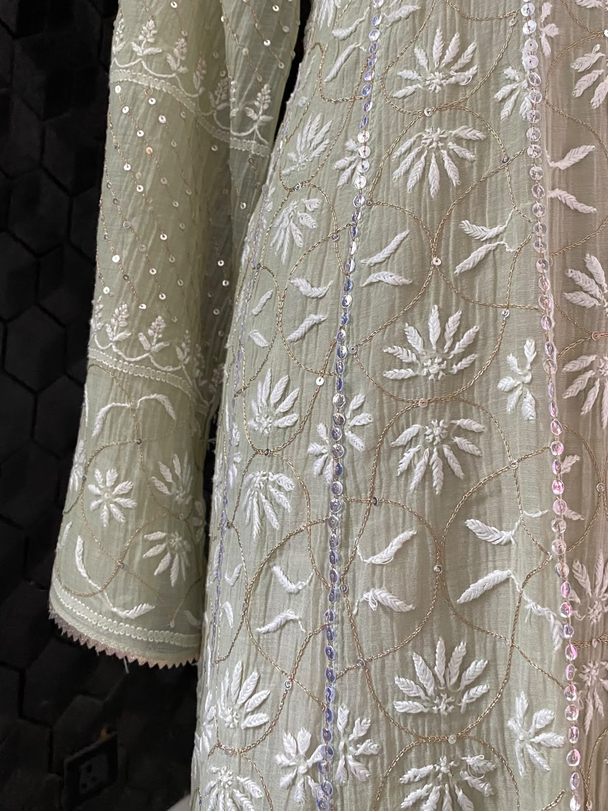 Pista Green Anarkali Suit in Mul Chanderi