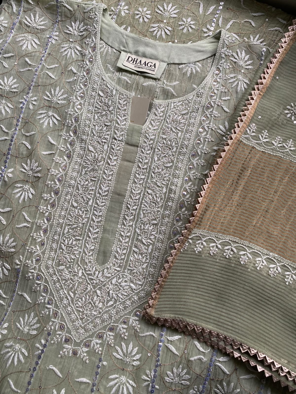 Pista Green Anarkali Suit in Mul Chanderi