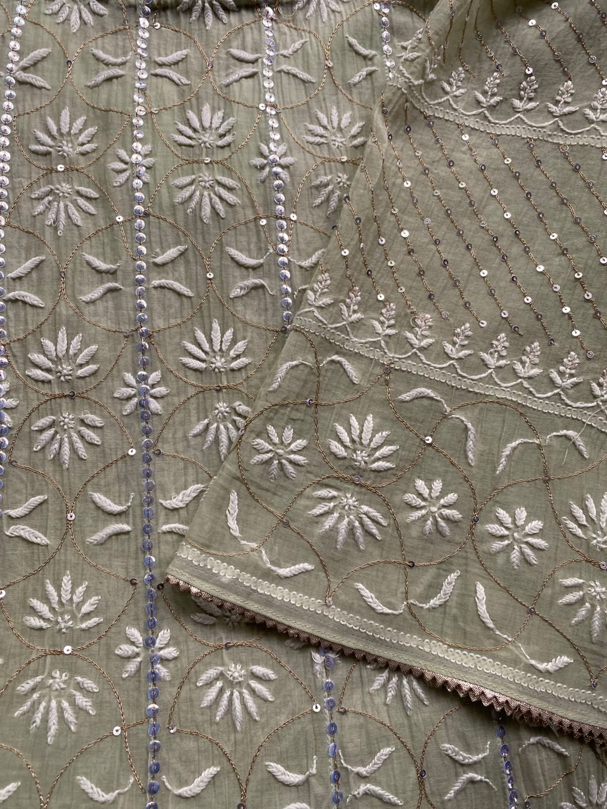 Pista Green Anarkali Suit in Mul Chanderi