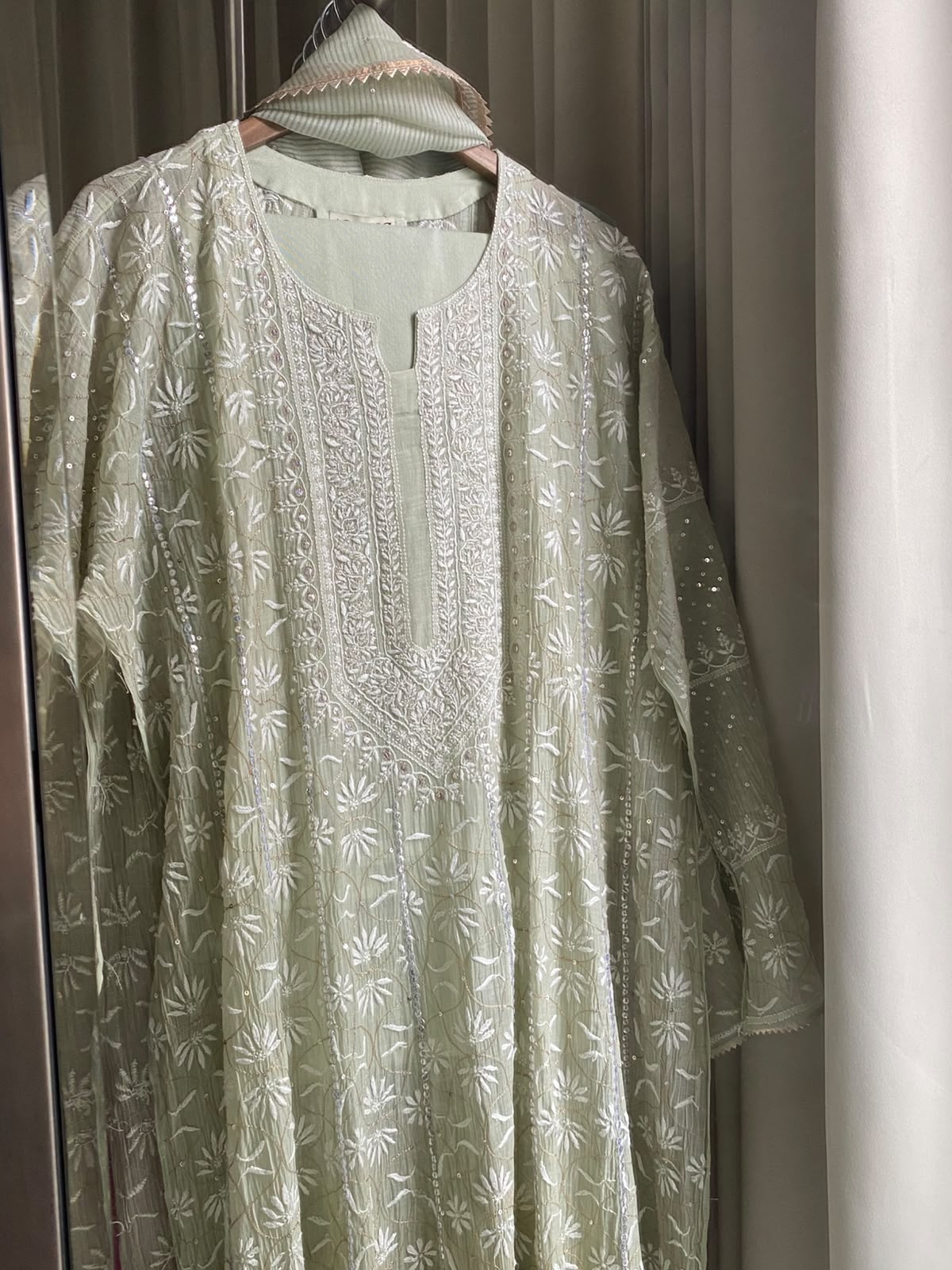 Pista Green Anarkali Suit in Mul Chanderi