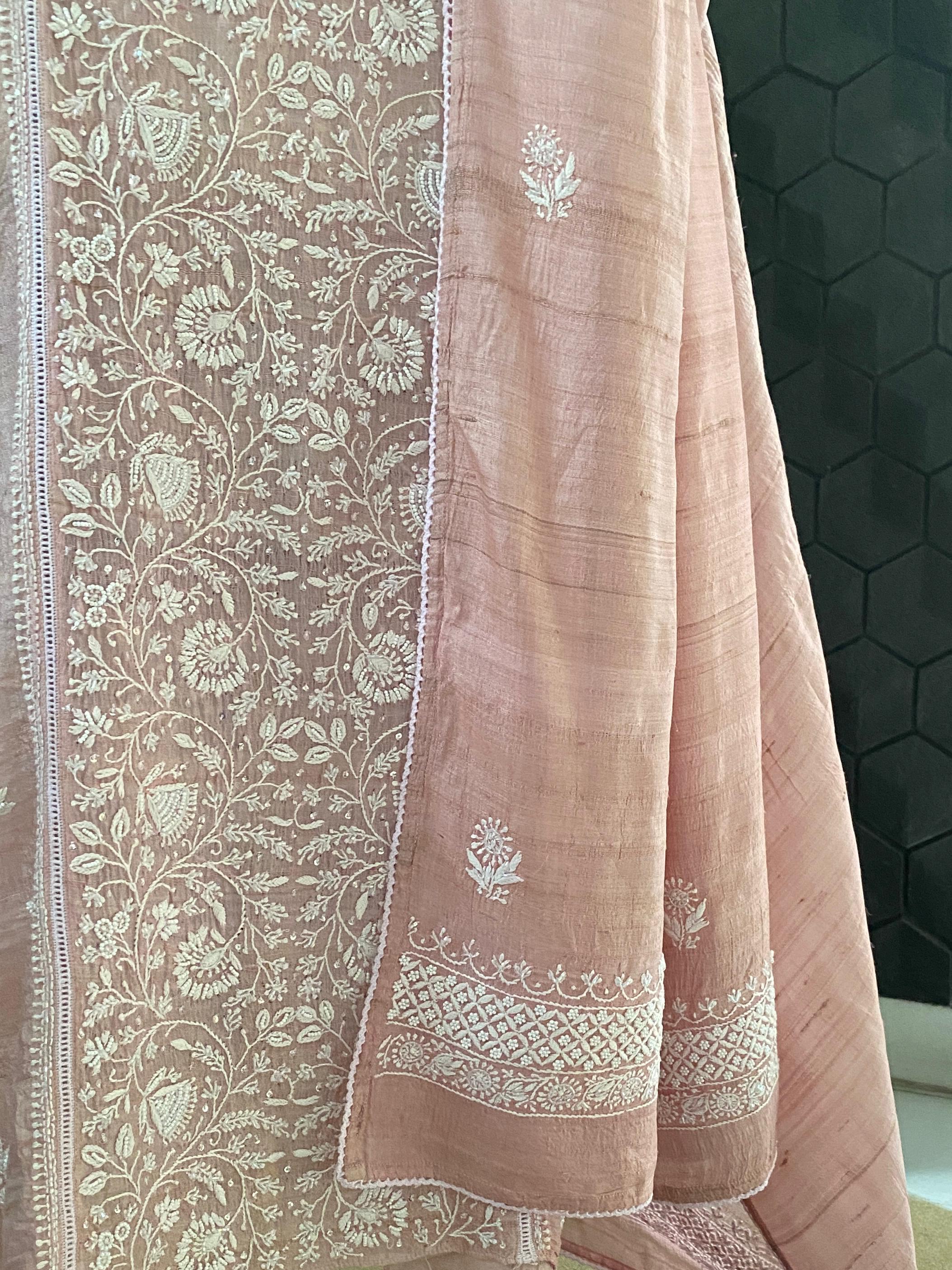 Pink Tusar silk Chikankari Kurta Set