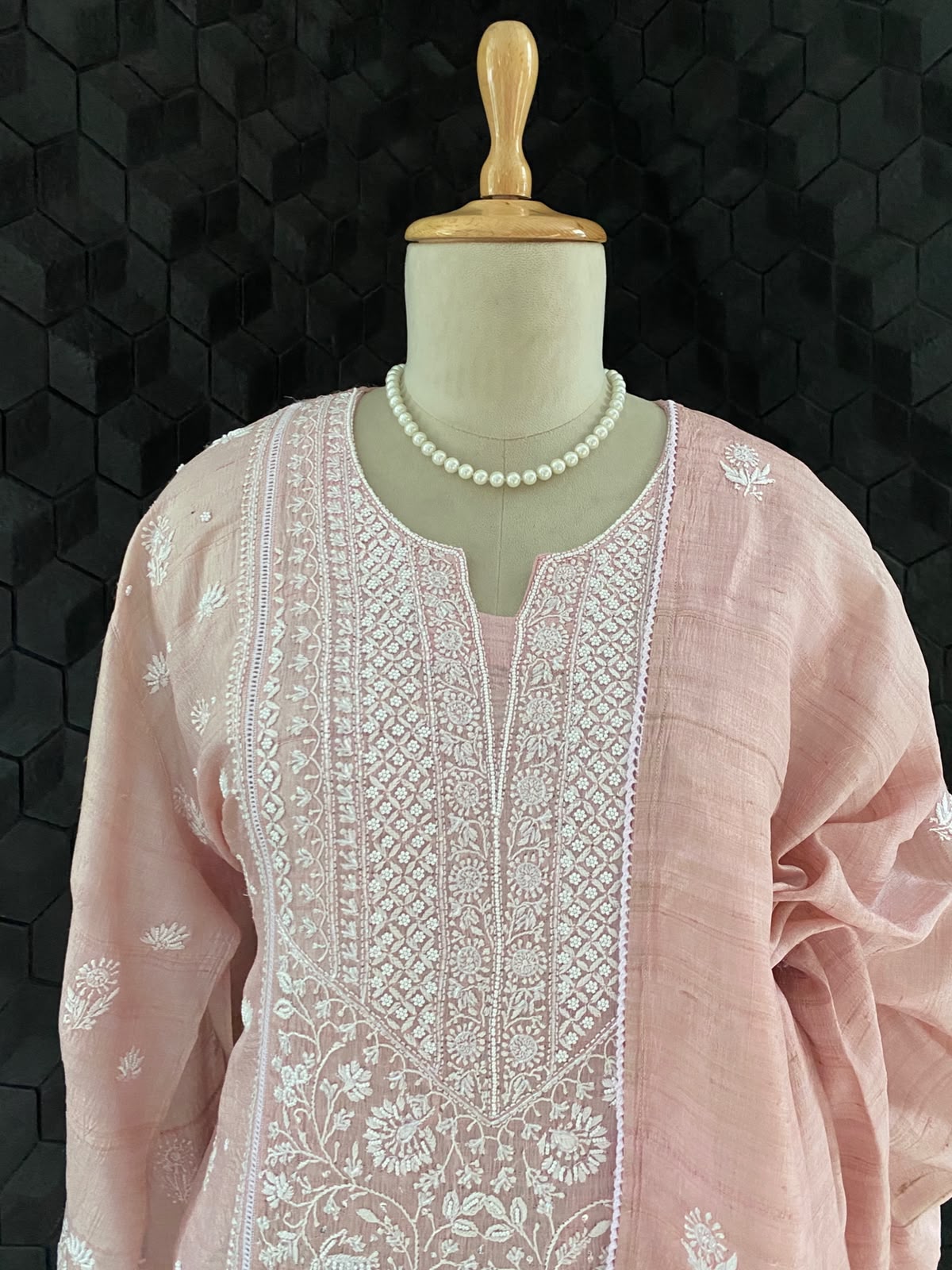 Pink Tusar silk Chikankari Kurta Set