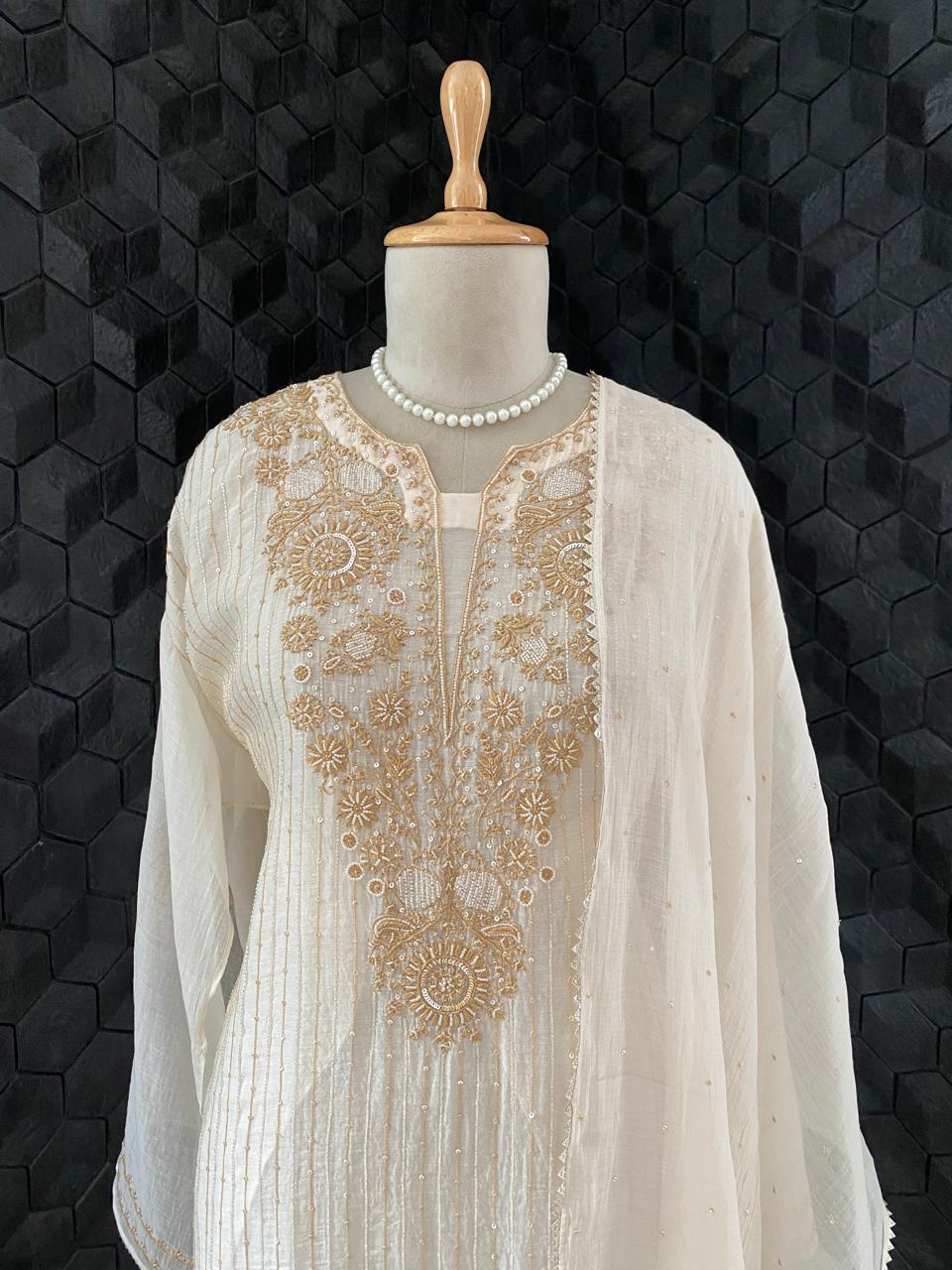 Beige Mul Chanderi Chikankari Kurta Set