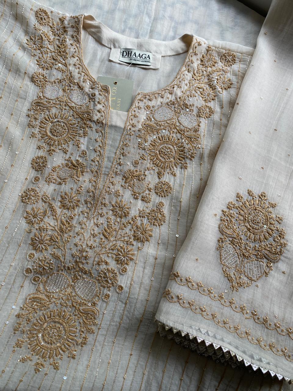Beige Mul Chanderi Chikankari Kurta Set