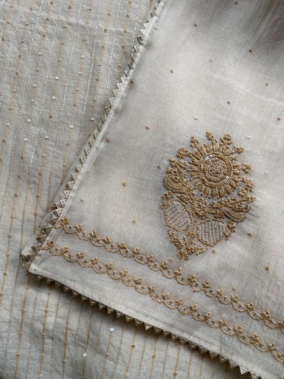 Beige Mul Chanderi Chikankari Kurta Set