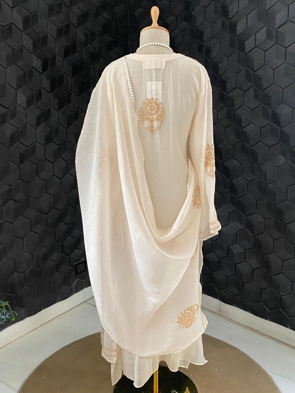 Beige Mul Chanderi Chikankari Kurta Set