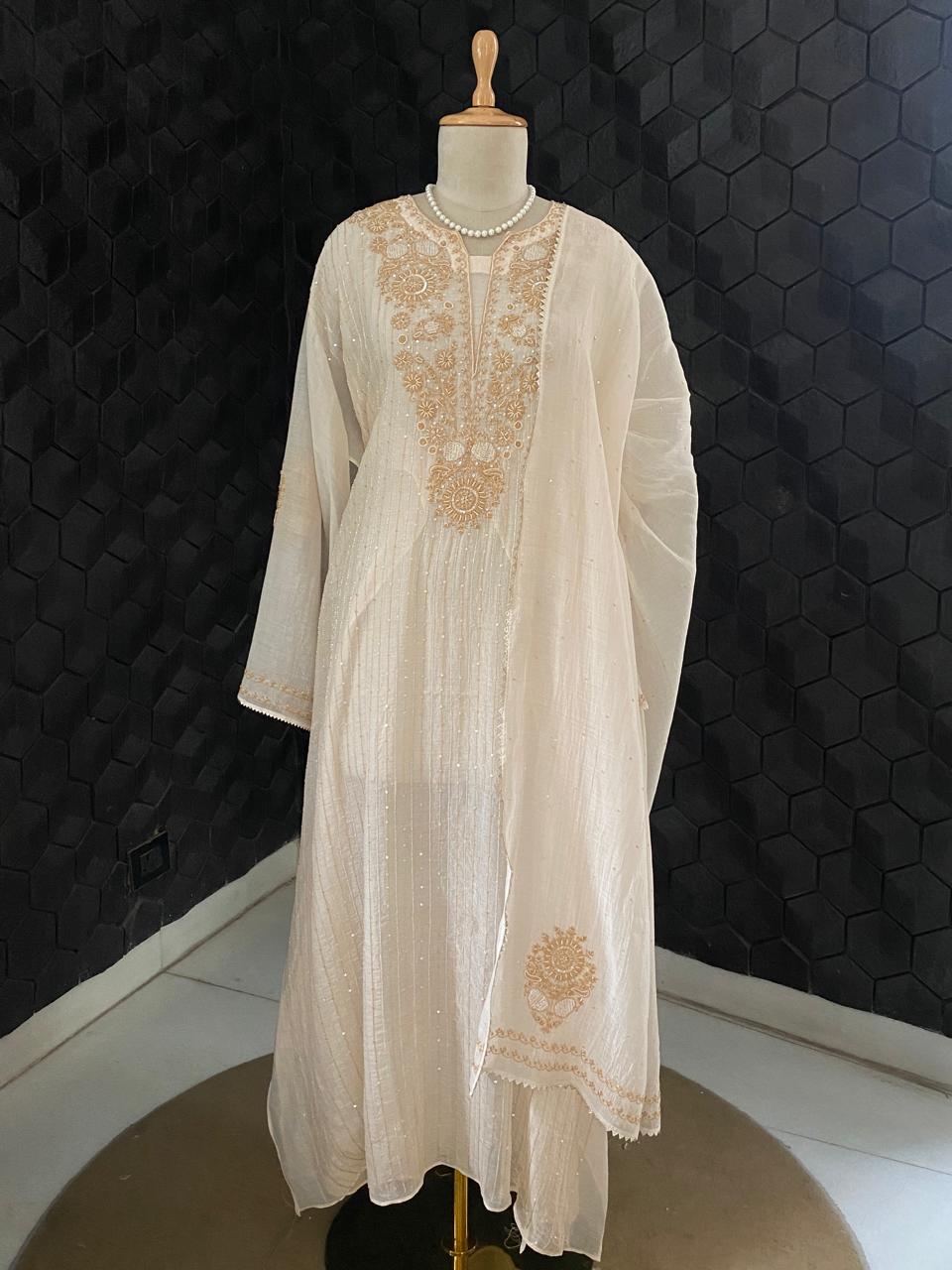 Beige Mul Chanderi Chikankari Kurta Set