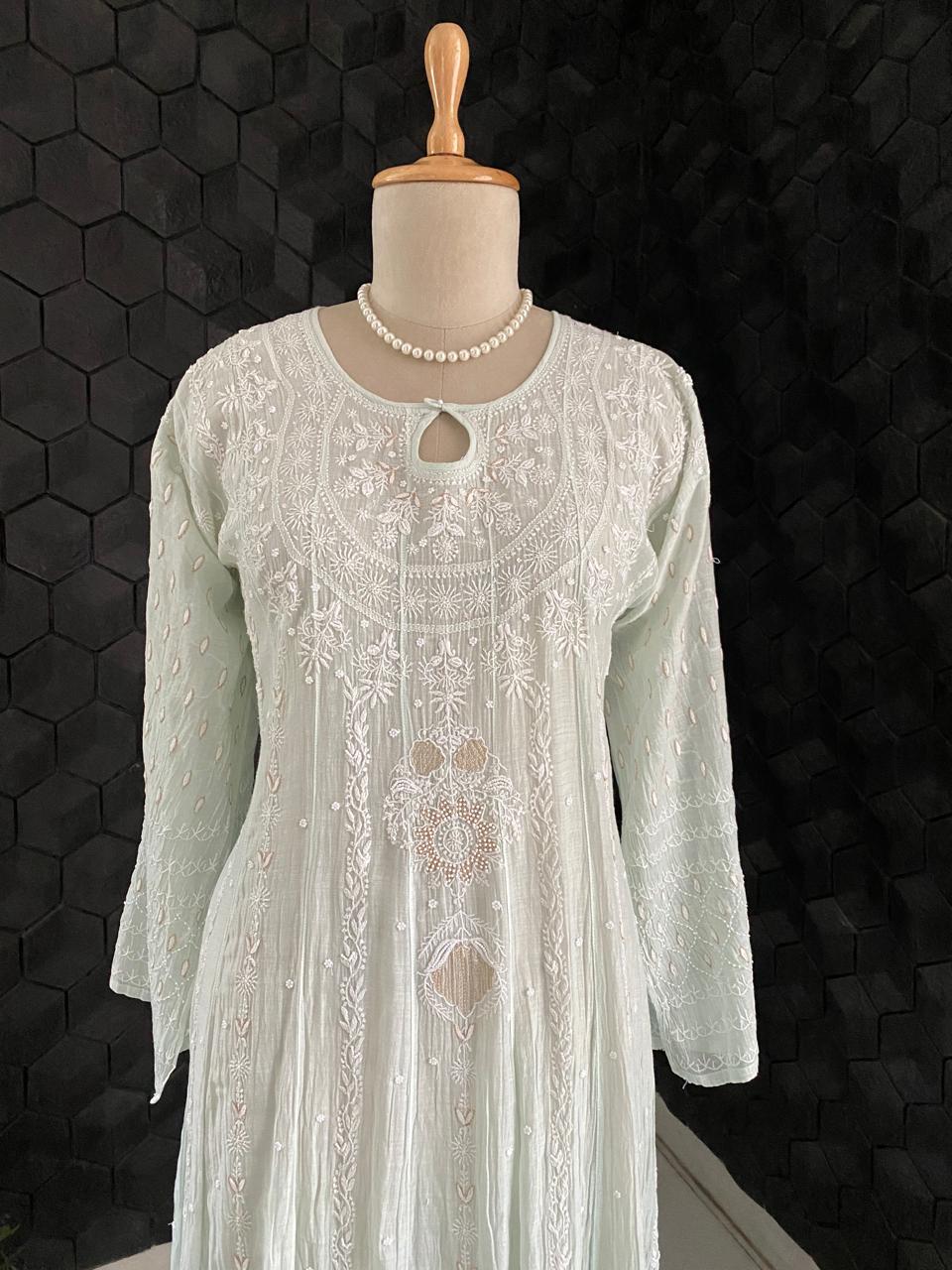 Sea Green Mul Chanderi Chikankari Anarkali Set
