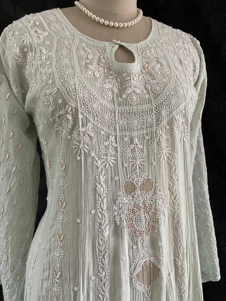 Sea Green Mul Chanderi Chikankari Anarkali Set