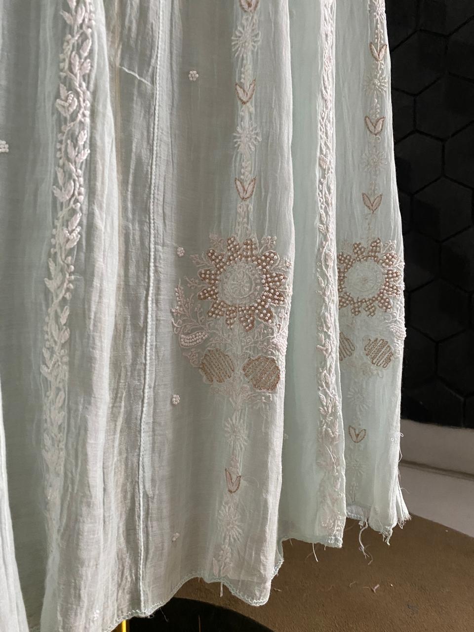 Sea Green Mul Chanderi Chikankari Anarkali Set