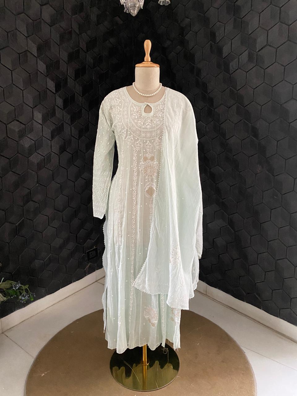 Sea Green Mul Chanderi Chikankari Anarkali Set
