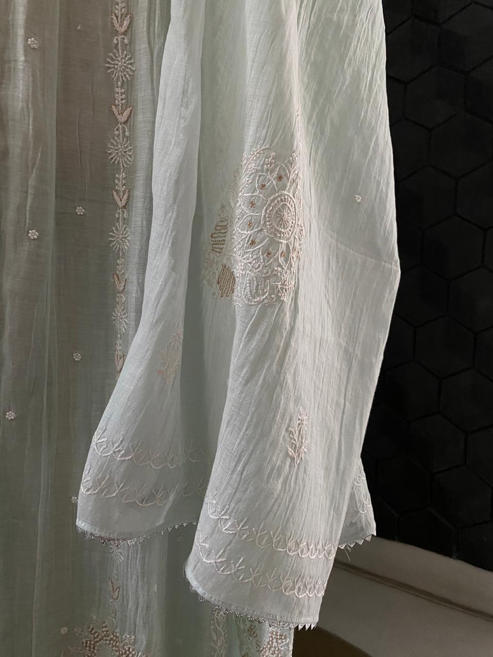 Sea Green Mul Chanderi Chikankari Anarkali Set