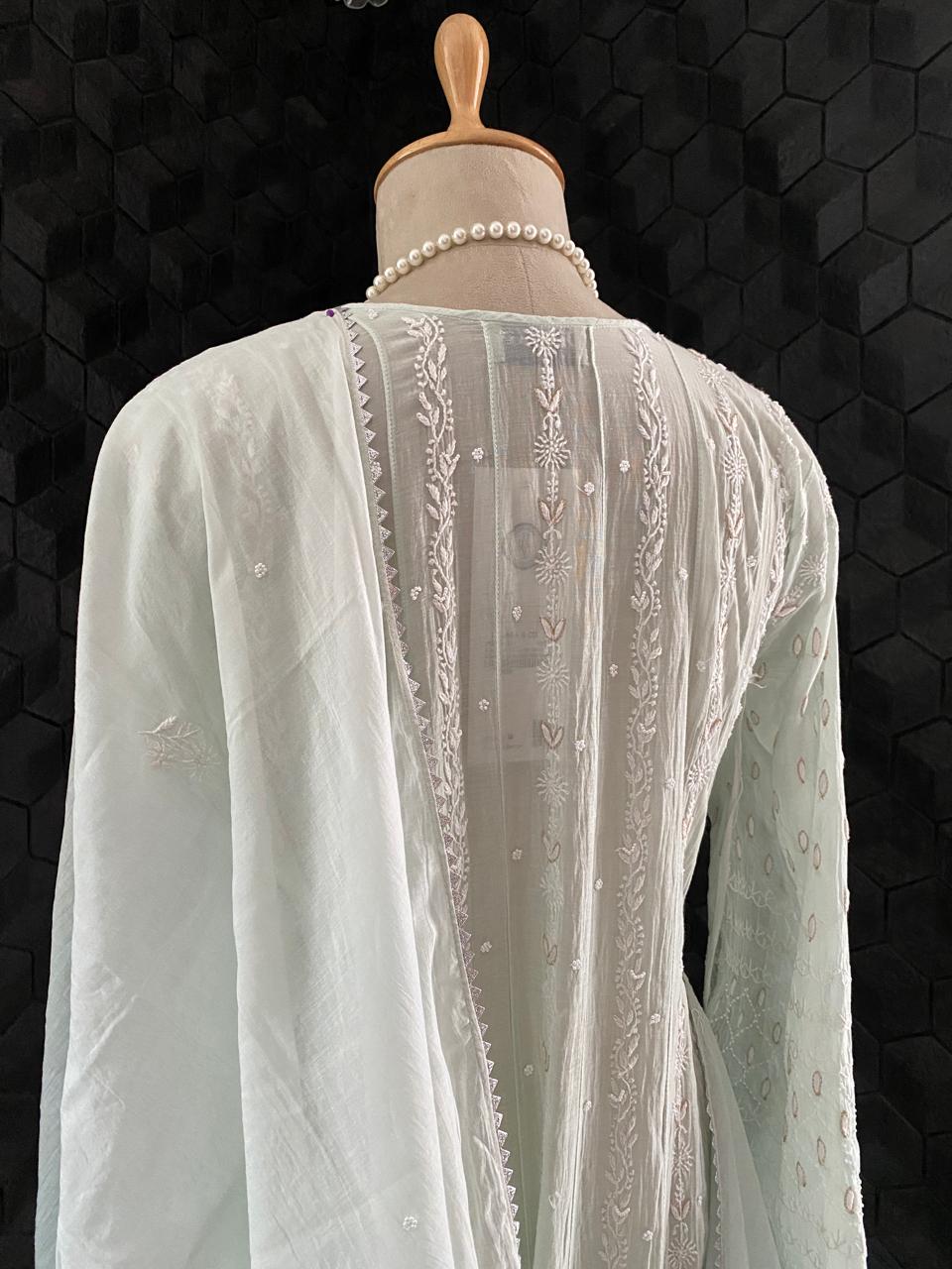 Sea Green Mul Chanderi Chikankari Anarkali Set