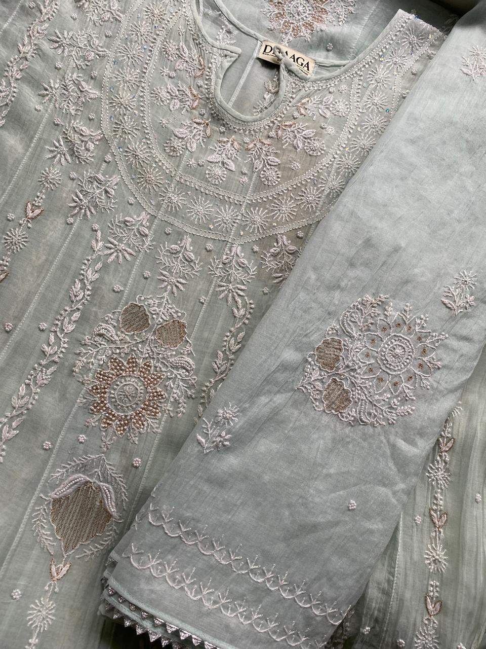 Sea Green Mul Chanderi Chikankari Anarkali Set