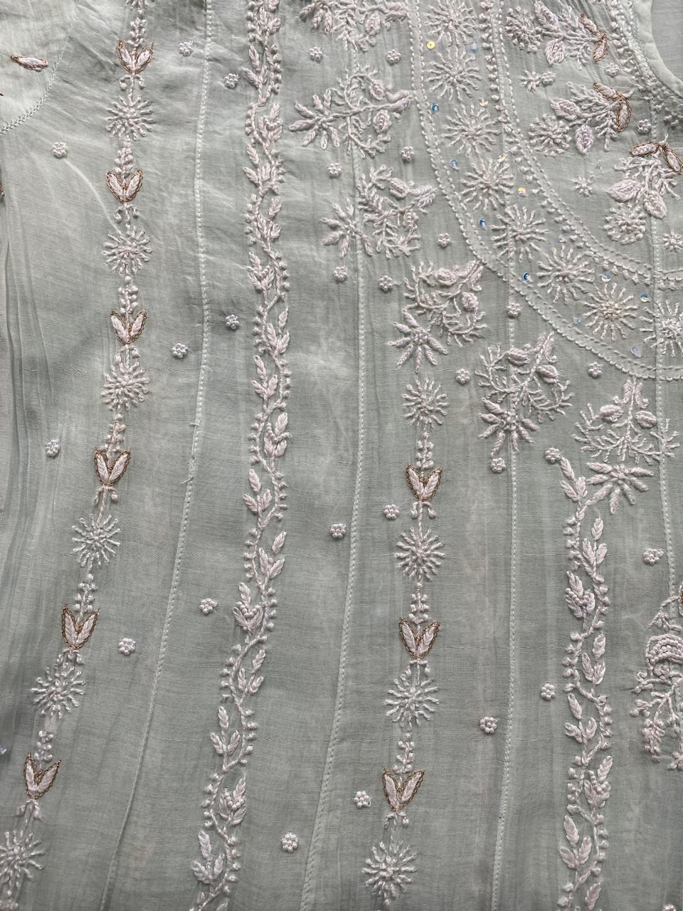 Sea Green Mul Chanderi Chikankari Anarkali Set