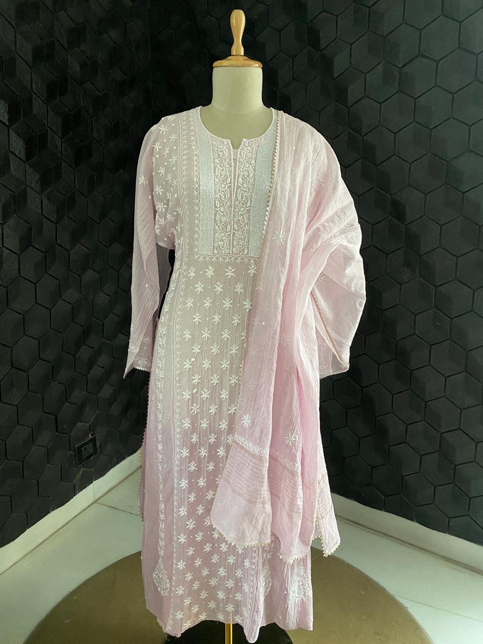 Lilac Mul Chanderi Chikankari Kurta Set