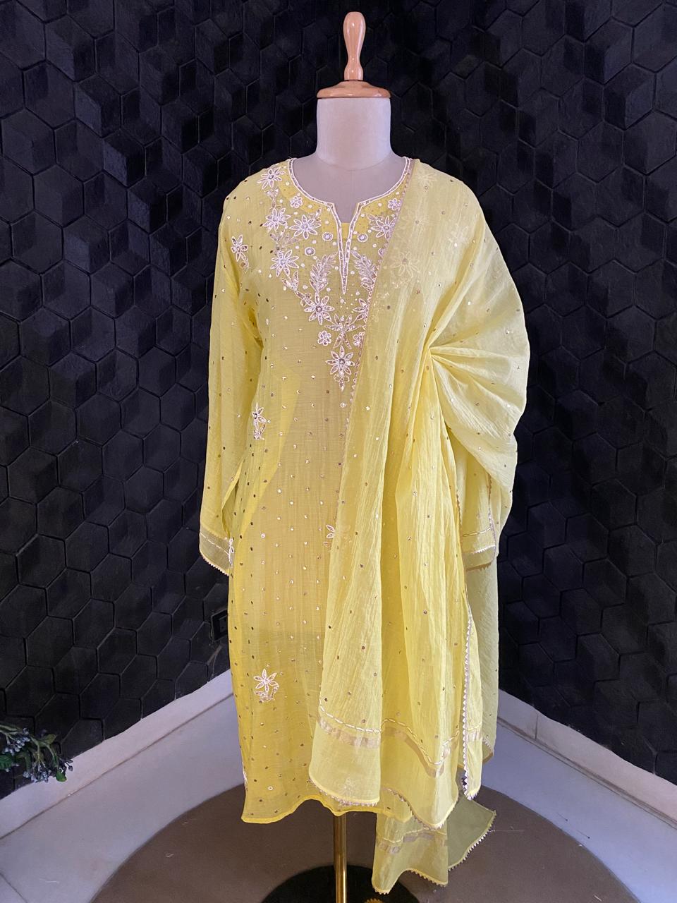Yellow Mul Chanderi Chikankari Kurta Set