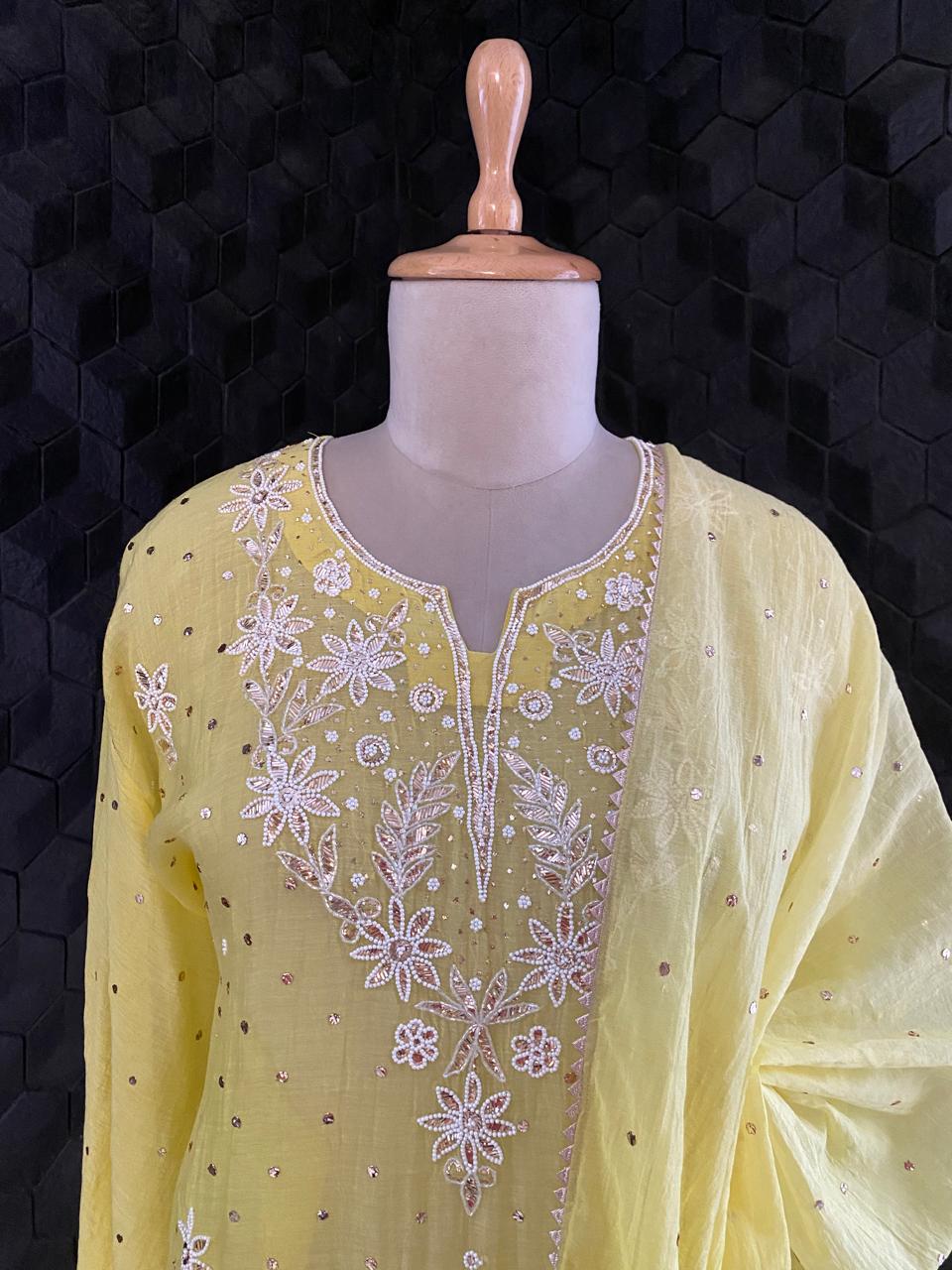 Yellow Mul Chanderi Chikankari Kurta Set