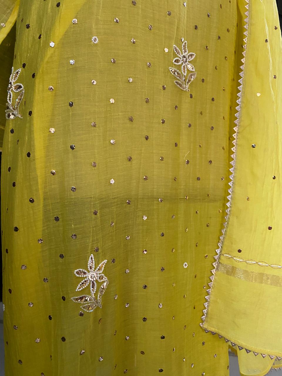 Yellow Mul Chanderi Chikankari Kurta Set