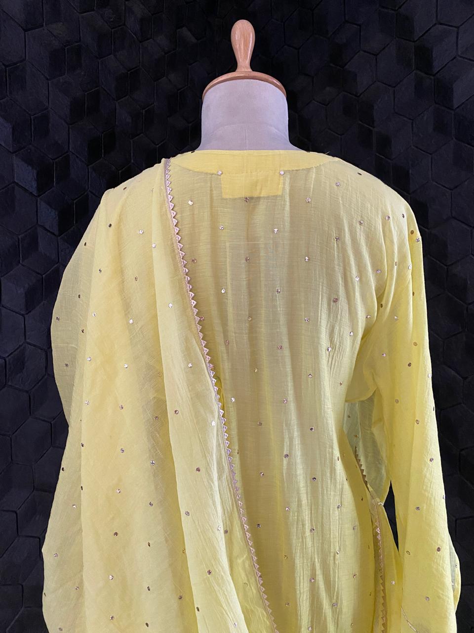 Yellow Mul Chanderi Chikankari Kurta Set
